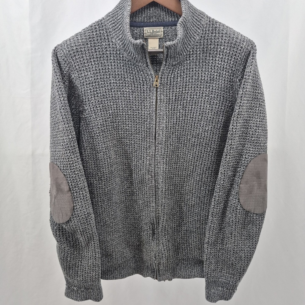 LL Bean Sweater Mens Large Gray Full Zip Elbow Pad Waffle Knit Grandpa Core - Picture 2 of 10